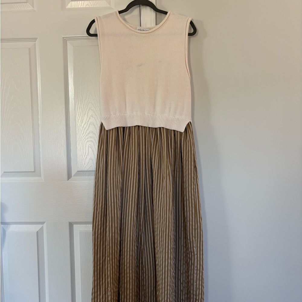 Sleeveless Cream and Brown Striped Dress